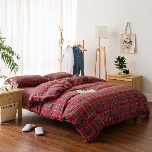  BHUSB Green Plaid Cotton Duvet Cover Set Queen for Kids Boys Geometric Grids Pattern Bedding Sets Full 100% Brushed Cotton Reversible Comforter Cover 3 Piece Set for Teens Children