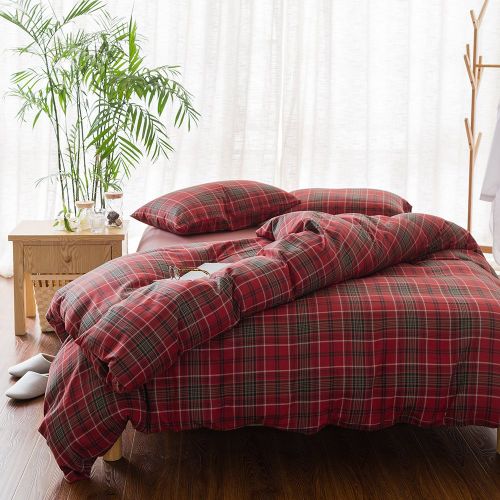  BHUSB Green Plaid Cotton Duvet Cover Set Queen for Kids Boys Geometric Grids Pattern Bedding Sets Full 100% Brushed Cotton Reversible Comforter Cover 3 Piece Set for Teens Children