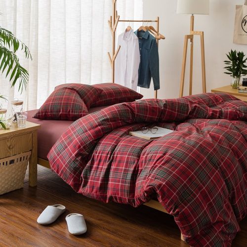  BHUSB Green Plaid Cotton Duvet Cover Set Queen for Kids Boys Geometric Grids Pattern Bedding Sets Full 100% Brushed Cotton Reversible Comforter Cover 3 Piece Set for Teens Children