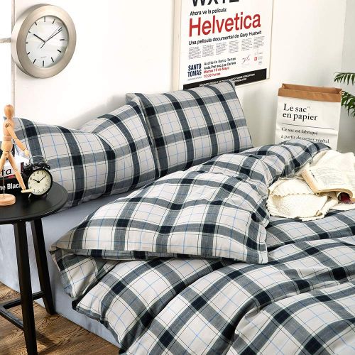  BHUSB Green Plaid Cotton Duvet Cover Set Queen for Kids Boys Geometric Grids Pattern Bedding Sets Full 100% Brushed Cotton Reversible Comforter Cover 3 Piece Set for Teens Children