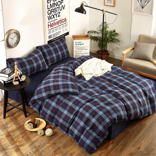  BHUSB Green Plaid Cotton Duvet Cover Set Queen for Kids Boys Geometric Grids Pattern Bedding Sets Full 100% Brushed Cotton Reversible Comforter Cover 3 Piece Set for Teens Children