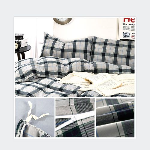  BHUSB Green Plaid Cotton Duvet Cover Set Queen for Kids Boys Geometric Grids Pattern Bedding Sets Full 100% Brushed Cotton Reversible Comforter Cover 3 Piece Set for Teens Children