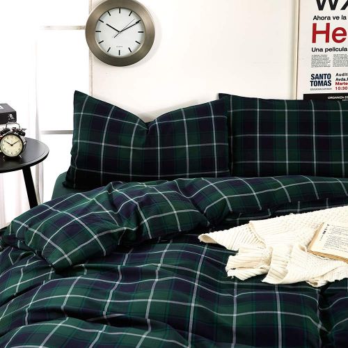  BHUSB Green Plaid Cotton Duvet Cover Set Queen for Kids Boys Geometric Grids Pattern Bedding Sets Full 100% Brushed Cotton Reversible Comforter Cover 3 Piece Set for Teens Children