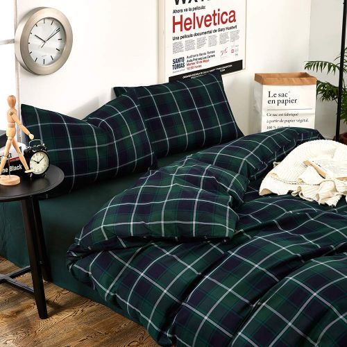  BHUSB Green Plaid Cotton Duvet Cover Set Queen for Kids Boys Geometric Grids Pattern Bedding Sets Full 100% Brushed Cotton Reversible Comforter Cover 3 Piece Set for Teens Children