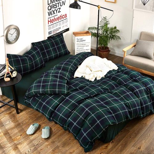  BHUSB Green Plaid Cotton Duvet Cover Set Queen for Kids Boys Geometric Grids Pattern Bedding Sets Full 100% Brushed Cotton Reversible Comforter Cover 3 Piece Set for Teens Children