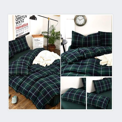  BHUSB Green Plaid Cotton Duvet Cover Set Queen for Kids Boys Geometric Grids Pattern Bedding Sets Full 100% Brushed Cotton Reversible Comforter Cover 3 Piece Set for Teens Children