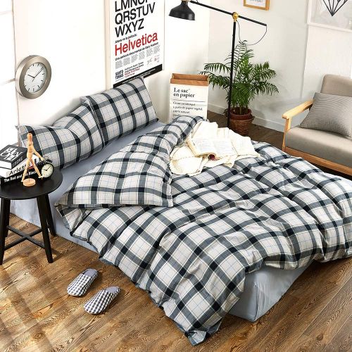  BHUSB Green Plaid Cotton Duvet Cover Set Queen for Kids Boys Geometric Grids Pattern Bedding Sets Full 100% Brushed Cotton Reversible Comforter Cover 3 Piece Set for Teens Children