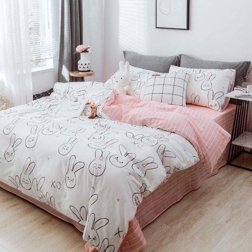  BHUSB Cats Print Duvet Cover Sets Cartoon Pink 100% Soft Cotton 3 Piece Reversible Bedding Collection Sets for Kids Boys Girls Gift, Zipper Closure Teens Bedding Sets Twin Size