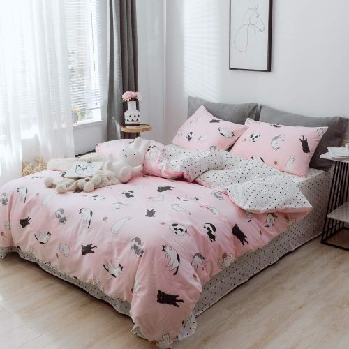  BHUSB Cats Print Duvet Cover Sets Cartoon Pink 100% Soft Cotton 3 Piece Reversible Bedding Collection Sets for Kids Boys Girls Gift, Zipper Closure Teens Bedding Sets Twin Size