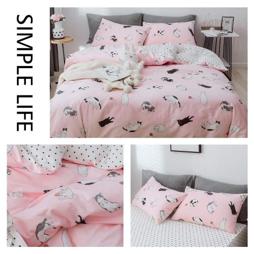  BHUSB Cats Print Duvet Cover Sets Cartoon Pink 100% Soft Cotton 3 Piece Reversible Bedding Collection Sets for Kids Boys Girls Gift, Zipper Closure Teens Bedding Sets Twin Size