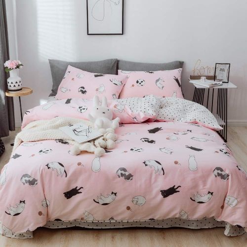  BHUSB Cats Print Duvet Cover Sets Cartoon Pink 100% Soft Cotton 3 Piece Reversible Bedding Collection Sets for Kids Boys Girls Gift, Zipper Closure Teens Bedding Sets Twin Size