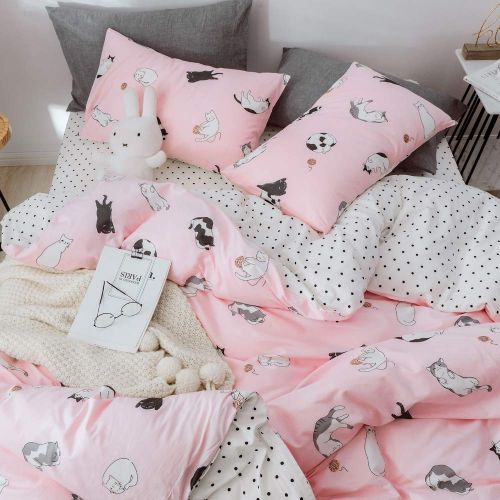  BHUSB Cats Print Duvet Cover Sets Cartoon Pink 100% Soft Cotton 3 Piece Reversible Bedding Collection Sets for Kids Boys Girls Gift, Zipper Closure Teens Bedding Sets Twin Size