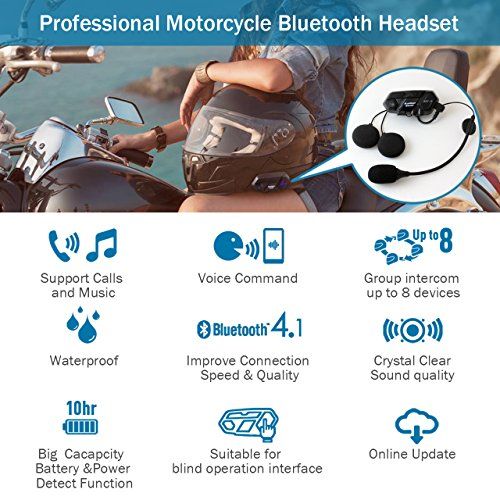  BIBENE Motorcycle Bluetooth 4.1 Helmet Headset and Intercom Communication Systems Kit, Supports 8 riders group intercom, Handsfree Calls Voice Command 12hrs with Speakers headphones for M