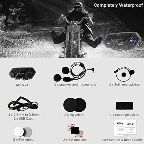  BIBENE Motorcycle Bluetooth 4.1 Helmet Headset and Intercom Communication Systems Kit, Supports 8 riders group intercom, Handsfree Calls Voice Command 12hrs with Speakers headphones for M