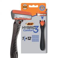 BIC Comfort 3 Hybrid Mens Disposable Razor, 3 Blades, 12 Cartridges and 1 Handle, Black, For a Close and Comfortable Shave
