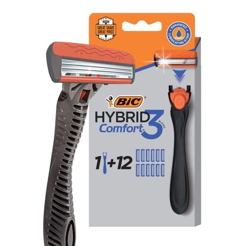  BIC Comfort 3 Hybrid Mens Disposable Razor, 3 Blades, 12 Cartridges and 1 Handle, Black, For a Close and Comfortable Shave