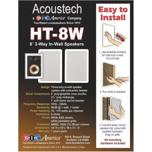  BIC America HT8W 8-Inch 3-Way Acoustech Series In-Wall Speakers, 1 Pair