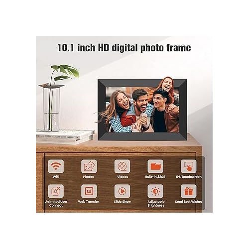  BIGASUO 10.1 Inch WiFi Digital Picture Frame, IPS HD Touch Screen Cloud Smart Photo Frames with Built-in 32GB Memory, Wall Mountable, Auto-Rotate, Share Photos Instantly from Anywhere-Great Gift