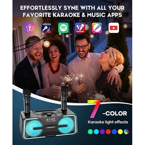  BIGASUO Karaoke Machine for Adults Kids with 2 UHF Wireless Microphones, Portable Bluetooth Singing PA Speaker System with LED Lights for Home Party, Wedding, Church, Picnic, Outdoor/Indoor
