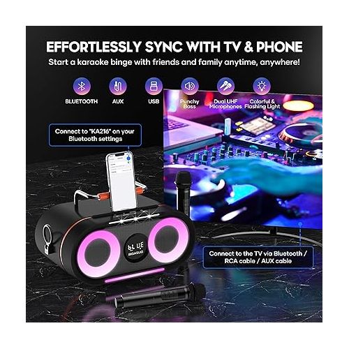  BIGASUO Karaoke Machine with Rich Deep Bass Explosive Flashing Lights for Adults Portable Bluetooth Singing PA Speaker System with 2 UHF Wireless Microphones for Home Party Wedding Outdoor