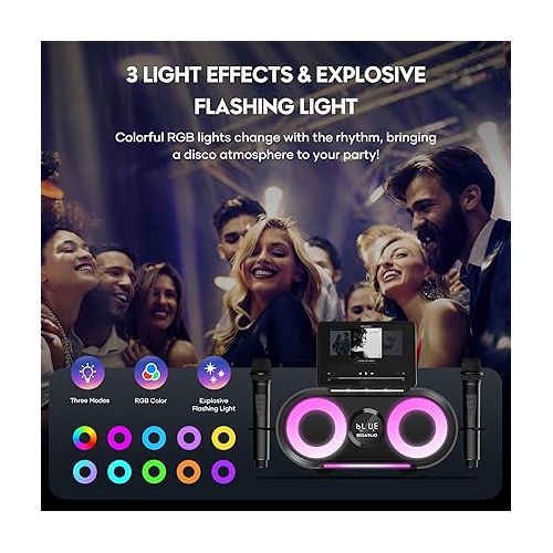  BIGASUO Karaoke Machine with Rich Deep Bass Explosive Flashing Lights for Adults Portable Bluetooth Singing PA Speaker System with 2 UHF Wireless Microphones for Home Party Wedding Outdoor