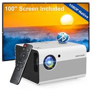 Native 1080P Projector Bluetooth with Digital Zoom&HiFi Stereo, BIGASUO Outdoor Movie Projector, 8000L Home Portable Projector Compatible HDMI,USB,AV,TV[100Screen Included]