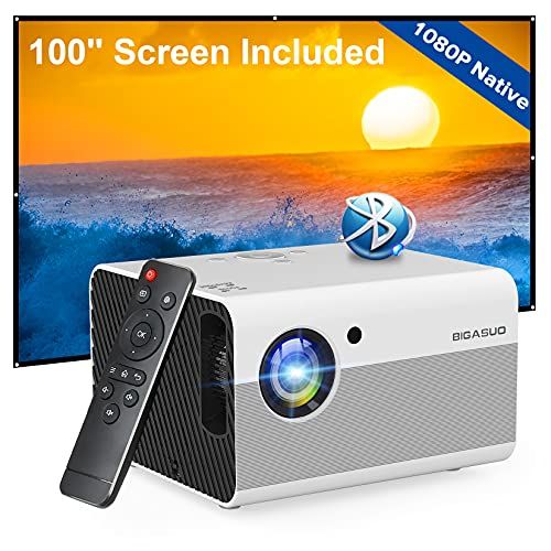  Native 1080P Projector Bluetooth with Digital Zoom&HiFi Stereo, BIGASUO Outdoor Movie Projector, 8000L Home Portable Projector Compatible HDMI,USB,AV,TV[100Screen Included]