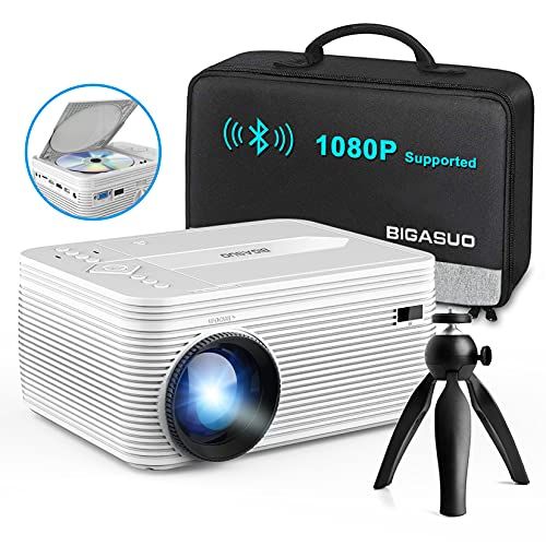  BIGASUO Upgrade HD Bluetooth Projector Built in DVD Player, Mini Video Projector 1080P Supported Compatible with TV/HDMI/VGA/AV/USB/TF SD Card, Portable Outdoor Movie Projector