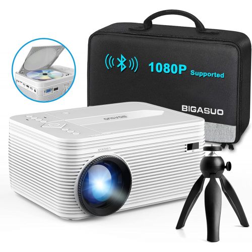  BIGASUO Upgrade HD Bluetooth Projector Built in DVD Player, Mini Video Projector 1080P Supported Compatible with TV/HDMI/VGA/AV/USB/TF SD Card, Portable Outdoor Movie Projector