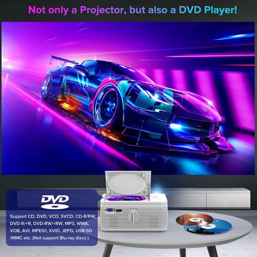  BIGASUO Upgrade HD Bluetooth Projector Built in DVD Player, Mini Video Projector 1080P Supported Compatible with TV/HDMI/VGA/AV/USB/TF SD Card, Portable Outdoor Movie Projector