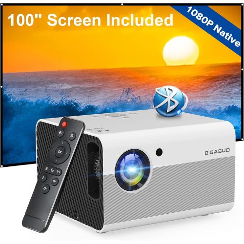  Native 1080P Projector Bluetooth with Digital Zoom&HiFi Stereo, BIGASUO Outdoor Movie Projector, 8000L Home Portable Projector Compatible HDMI,USB,AV,TV[100Screen Included]