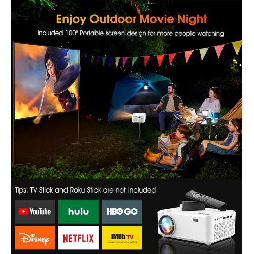  Outdoor Movie Projector with Screen - 7500L 1080P HD 200 Supported Home Theater Projector, BIGASUO Mini Video Projector for iPhone, Phone, Laptop, PC, DVD, PS4, HDMI ,USB Devices (