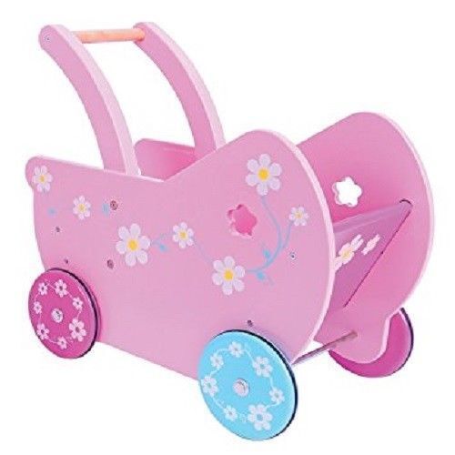  BIGJIGS PRETTY PINK WOODEN DOLLS PRAM CHILDS TODDLERS WALKING AID BUGGY NEW