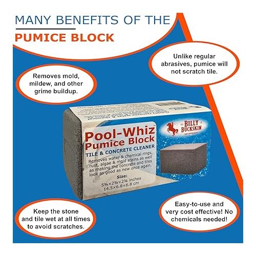  Pool-Whiz Pumice Block | Pool Tile & Concrete Cleaner | Pumice Stone for Cleaning Pools, Spas & Water Features | Pool and Spa Cleaner |by Billy Buckskin Co | Pack of 1