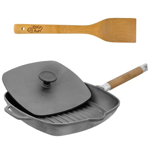  BIOL 28cm Grillpfanne aus Gusseisen mit abnehmbaren Holzgriff + Deckel-Presse + Pfannenwender aus Bambus von 4big.fun *** Steakpfanne Bratpfanne Pfanne *** Alle Herdarten inkl. Induktio