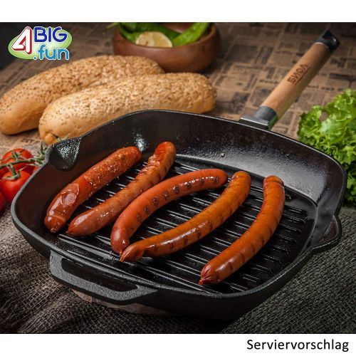  BIOL 28cm Grillpfanne aus Gusseisen mit abnehmbaren Holzgriff + Deckel-Presse + Pfannenwender aus Bambus von 4big.fun *** Steakpfanne Bratpfanne Pfanne *** Alle Herdarten inkl. Induktio