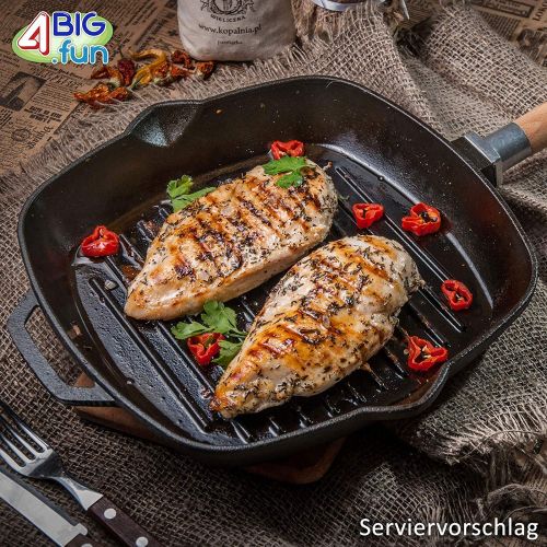  BIOL 28cm Grillpfanne aus Gusseisen mit abnehmbaren Holzgriff + Deckel-Presse + Pfannenwender aus Bambus von 4big.fun *** Steakpfanne Bratpfanne Pfanne *** Alle Herdarten inkl. Induktio