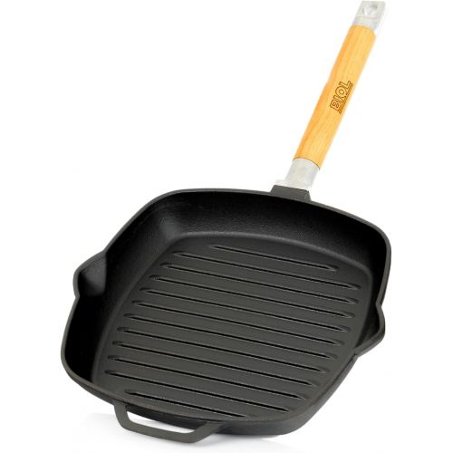  BIOL 28cm Grill-Bratpfanne aus Gusseisen mit abnehmbarem Griff, Glasdeckel und Pressdeckel Presse Steakpfanne Bratpfanne Induktion