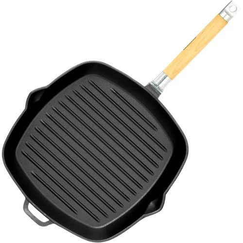  BIOL 28cm Grill-Bratpfanne aus Gusseisen mit abnehmbarem Griff, Glasdeckel und Pressdeckel Presse Steakpfanne Bratpfanne Induktion