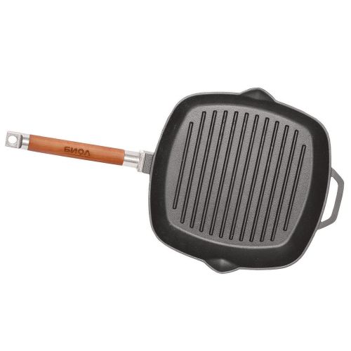  BIOL 24cm Grillpfanne aus Gusseisen mit abnehmbaren Holzgriff Deckel-Presse + Pfannenwender aus Bambus von 4big.fun * Steakpfanne Bratpfanne Pfanne Pressdeckel; Alle Herdarten inkl. Ind