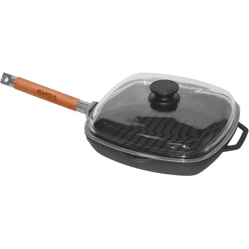  BIOL 28cm Grillpfanne aus Gusseisen, abnehmbarer Holzgriff + Glasdeckel + Pfannenwender aus Bambus von 4big.fun * Steakpfanne Bratpfanne Pfanne quadratisch * Alle Herdarten inkl. Indukt