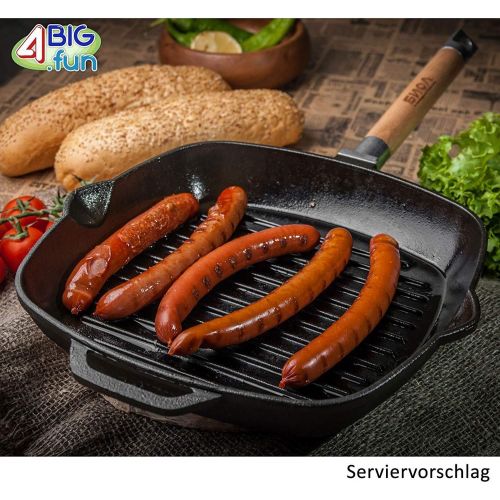  BIOL 28cm Grillpfanne aus Gusseisen, abnehmbarer Holzgriff + Glasdeckel + Pfannenwender aus Bambus von 4big.fun * Steakpfanne Bratpfanne Pfanne quadratisch * Alle Herdarten inkl. Indukt