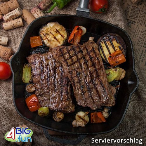  BIOL 28cm Grillpfanne aus Gusseisen, abnehmbarer Holzgriff + Glasdeckel + Pfannenwender aus Bambus von 4big.fun * Steakpfanne Bratpfanne Pfanne quadratisch * Alle Herdarten inkl. Indukt