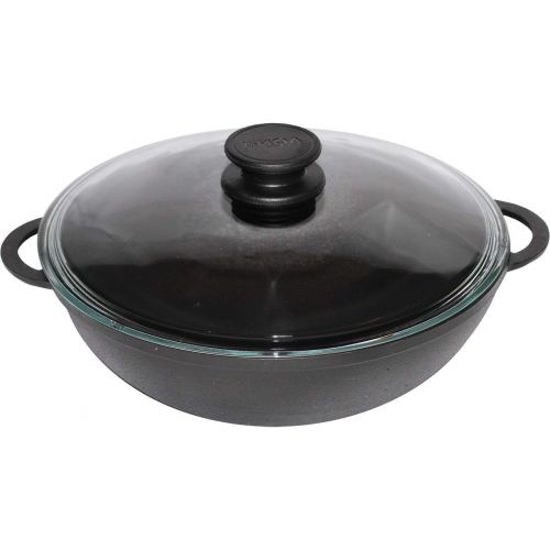  BIOL Gusseisen Wok-Pfanne 5 Liter 30 cm mit Glas-Deckel - Induktion - fuer gesundes Kochen Kasan Kazan