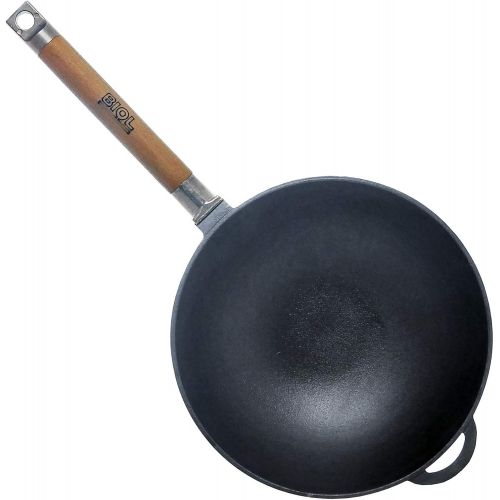  BIOL 3L oe26cm Wok Bratpfanne aus Gusseisen mit abnehmbaren Holzgriff, Glasdeckel und Pfannenwender aus Bambus von 4big.fun *** 142mm hoch *** Asia Schmortopf Induktion Pfanne