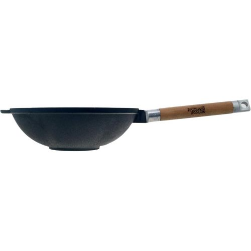  BIOL 3L oe26cm Wok Bratpfanne aus Gusseisen mit abnehmbaren Holzgriff, Glasdeckel und Pfannenwender aus Bambus von 4big.fun *** 142mm hoch *** Asia Schmortopf Induktion Pfanne