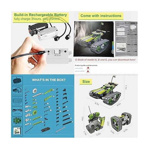  BIRANCO. Remote Control Tracked 3in1 Stunt Racer Building Kit - RC Car STEM Construction Toy, Gift Idea for Kids, Boys and Girls Ages 8-12 Year Old (353 Pcs)