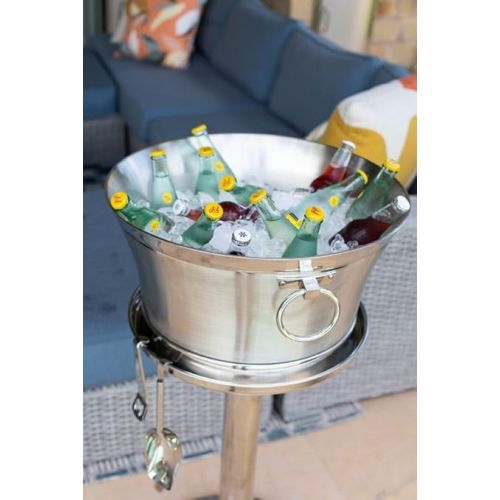  BirdRock Home Metal Beverage Tub with Stand, Scoop and Bottle Opener - 18/8 Stainless Steel Double Wall Ice Beverage Cooler - Drink Beer Wine Ice Bucket with Handles - House Party Events Container Bin