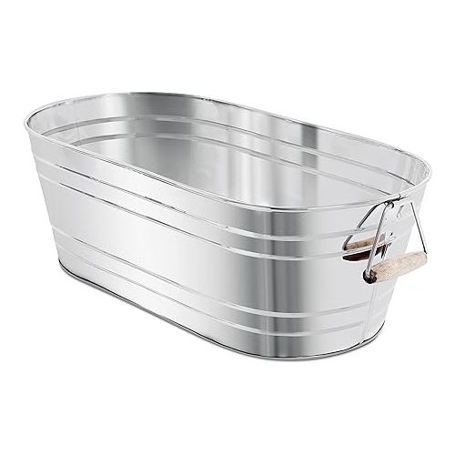  BIRDROCK HOME Stainless Steel Beverage Tub with Stand - Bottom Tray - Ice Bucket - Party Drink Holder - Wooden Handles - Outdoor or Indoor Use - Free Standing