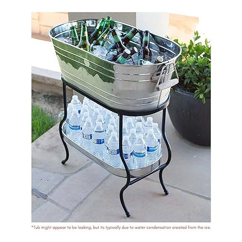  BIRDROCK HOME Stainless Steel Beverage Tub with Stand - Bottom Tray - Ice Bucket - Party Drink Holder - Wooden Handles - Outdoor or Indoor Use - Free Standing